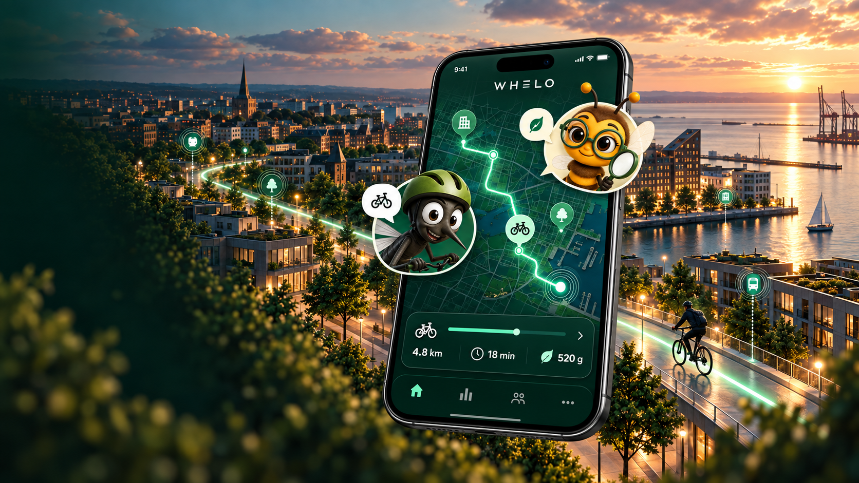 WHELO-appen med Bea, Bike Mike, cykelrute og rewards